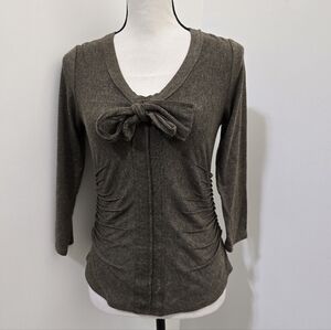 ETCETERA size Small 3/4 Sleeve Side Ruched Bow Accent Stretch V Neck‎ Top Brown